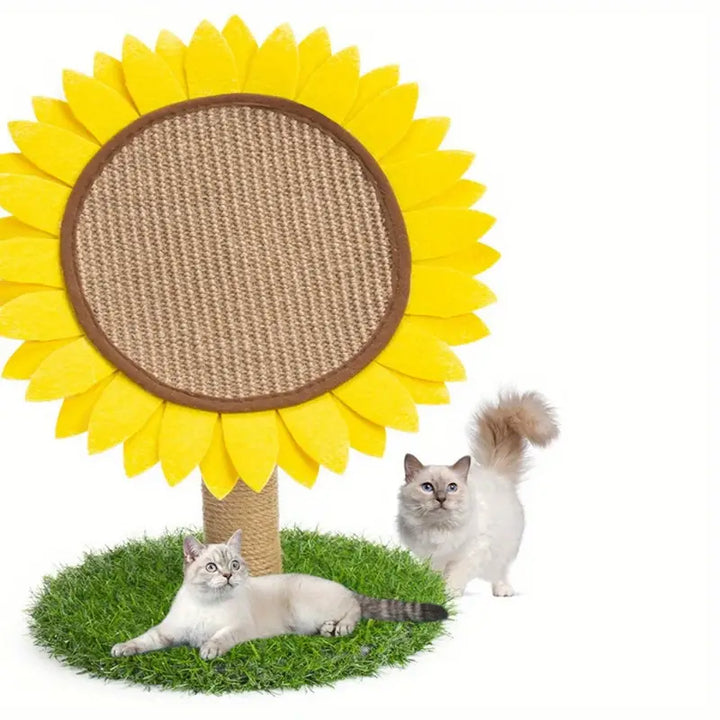 Bright yellow sunflower sisal scratching post with green base, a fun cat gift for active pets