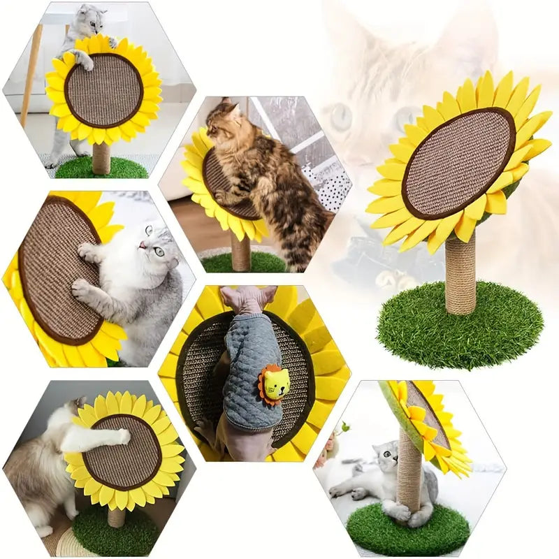 Close-up of a cat scratching a yellow sunflower-themed sisal post, new arrival pet furniture