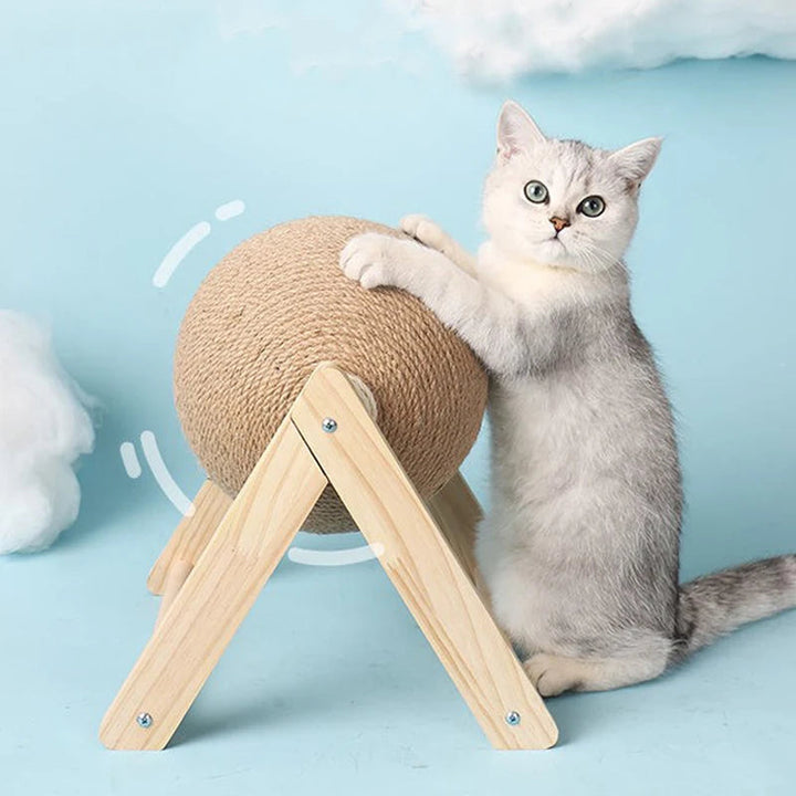 Sisal cat scratcher with integrated wooden toy offers furniture protection & fun for pets.