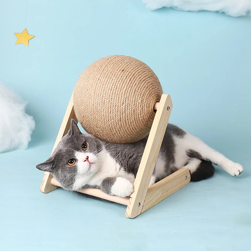 Modern cat scratching post featuring natural sisal and sturdy wood, a durable pet toy.