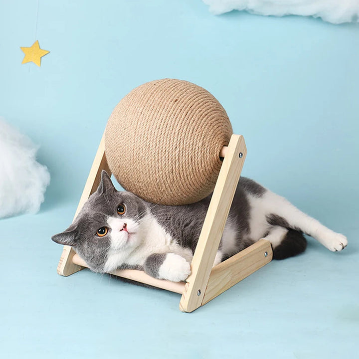 Modern cat scratching post featuring natural sisal and sturdy wood, a durable pet toy.
