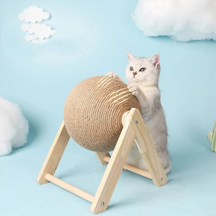 Compact cat scratcher made of sisal & solid wood, perfect for felines to play & scratch.