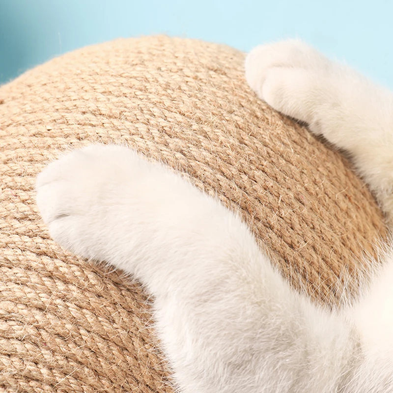 Close-up of sisal scratching post texture & solid wood toy, ideal for active felines.