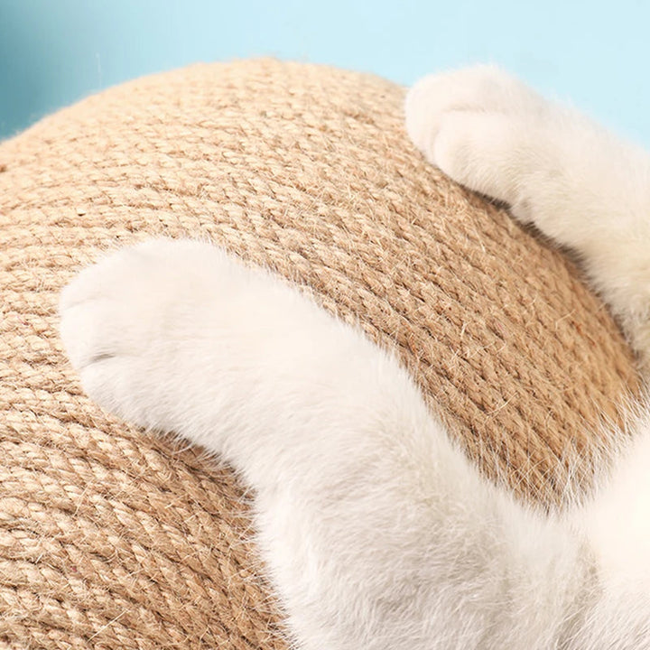 Close-up of sisal scratching post texture & solid wood toy, ideal for active felines.