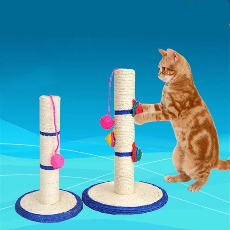 Cat scratching post with sisal rope & hanging ball toy, offering feline enrichment & furniture protection.