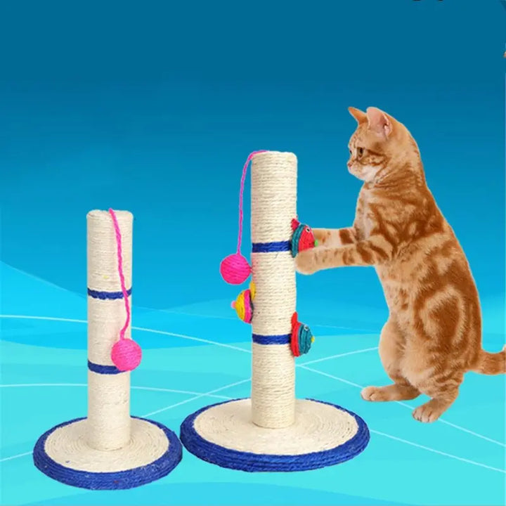 Cat scratching post with sisal rope & hanging ball toy, offering feline enrichment & furniture protection.