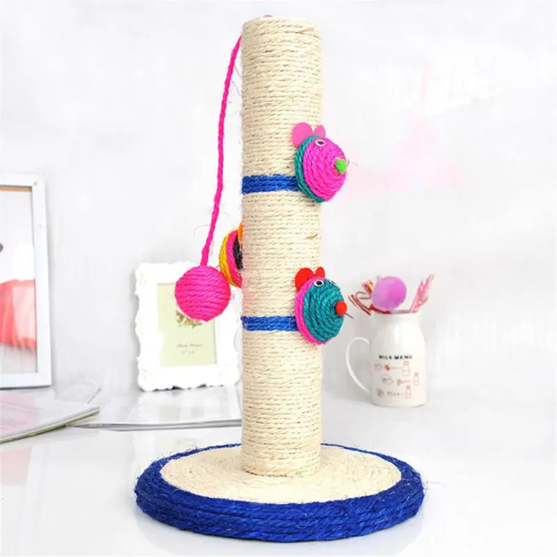 Interactive cat scratching post featuring durable sisal, dangling pom-pom, and sturdy base for cats.