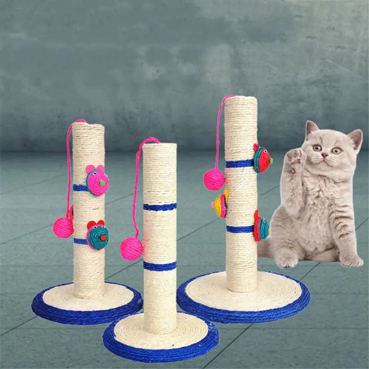 Modern cat scratching post with natural sisal surface and plush top perch, a stylish pet accessory.