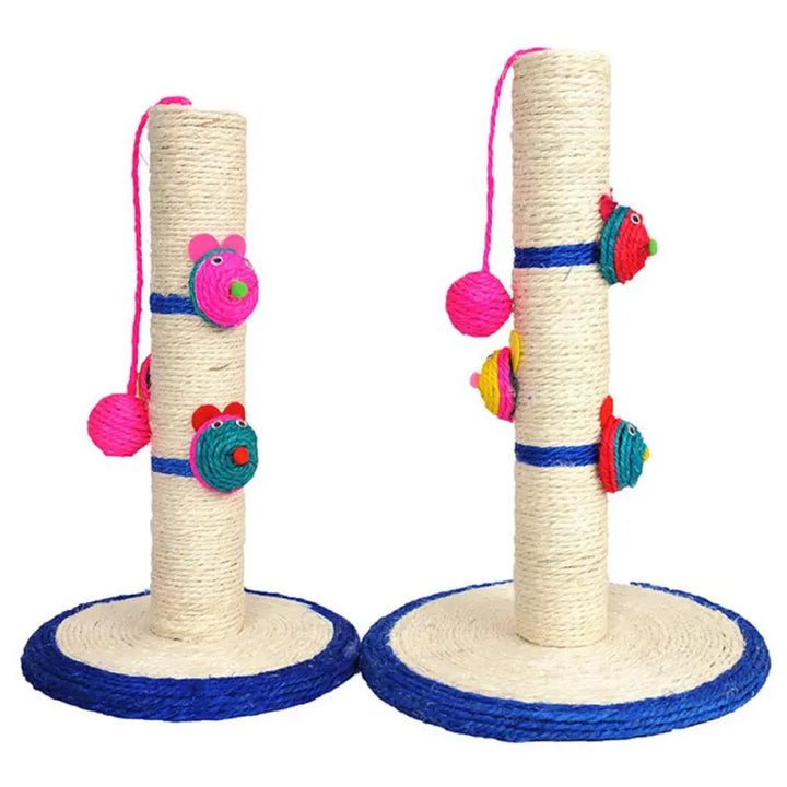 Playful cat batting at a hanging toy on a sturdy cat scratching post, showing interactive pet accessory.