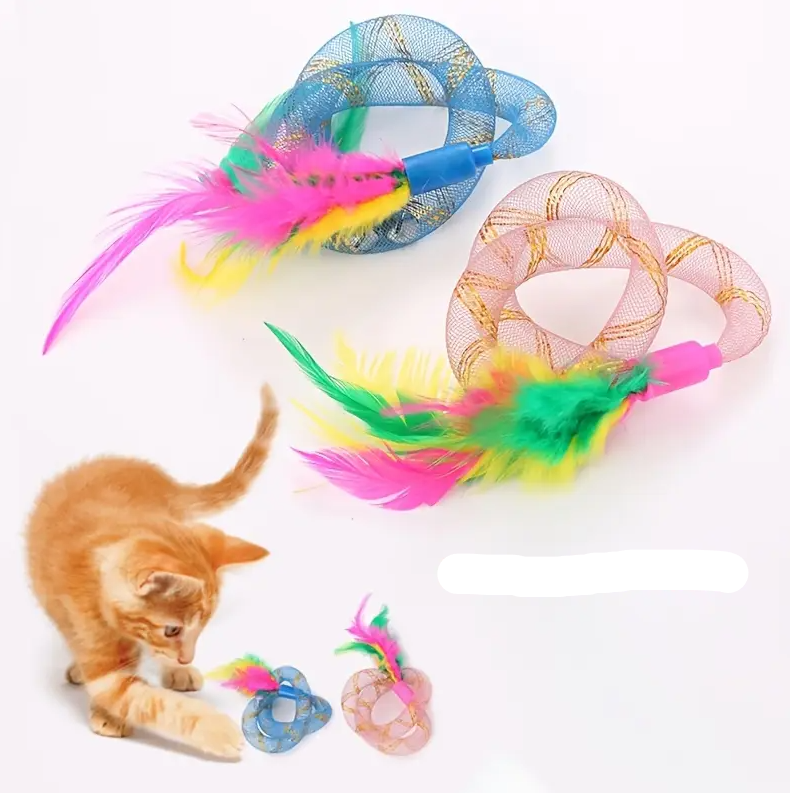 Cat Shuttlecock Feather Toy with Mesh Rings, promoting active play for cats and kittens