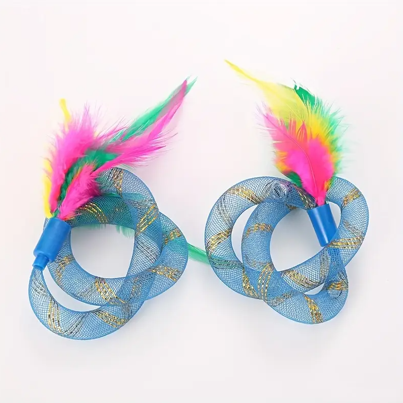 Interactive cat feather toy with durable mesh rings for stimulating cat exercise and fun