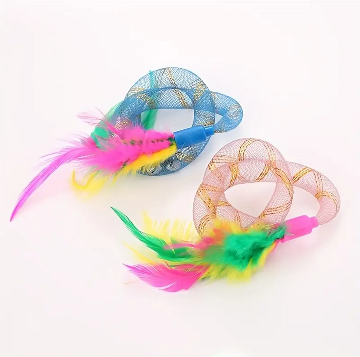 Vibrant cat shuttlecock toy featuring real feathers and sturdy mesh rings for pets