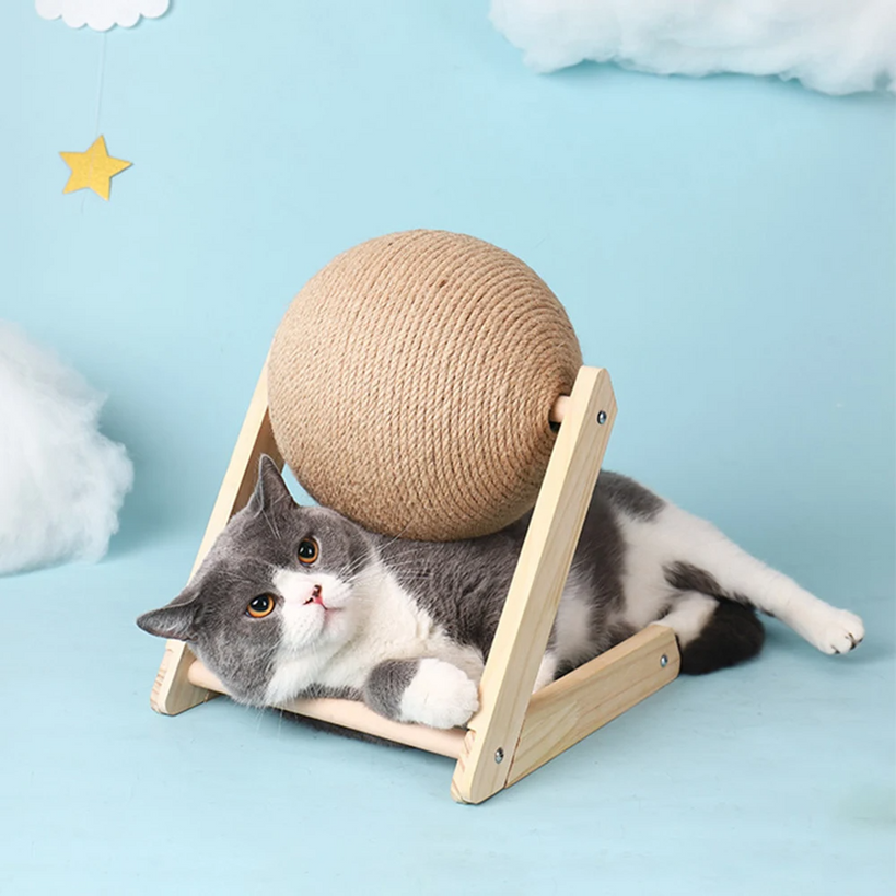 Cat playing with a sisal scratching ball, an engaging pet accessory