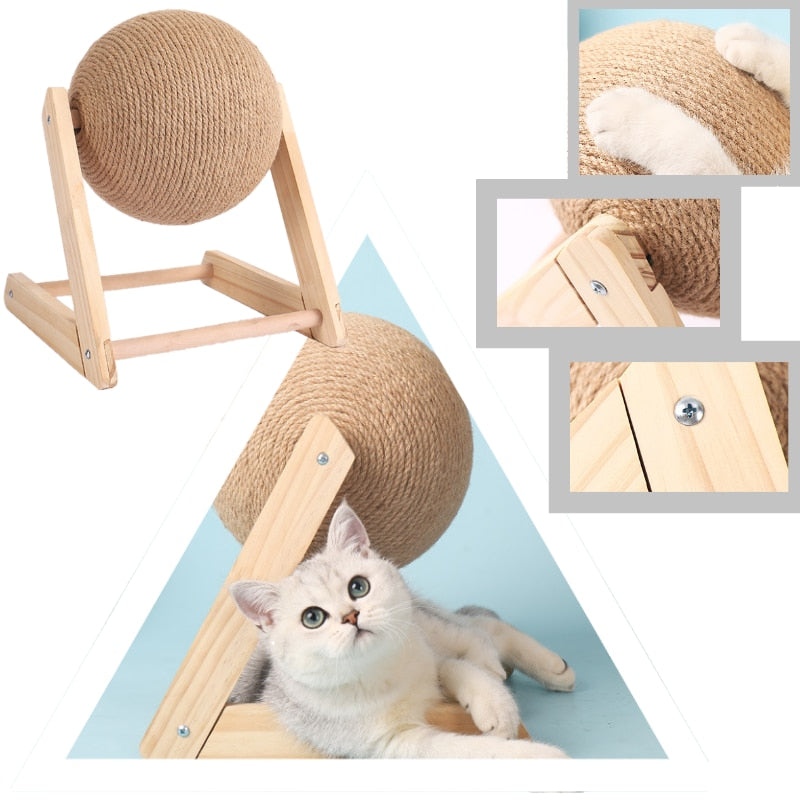 Close-up of a sisal scratching ball, textured cat toy for enrichment