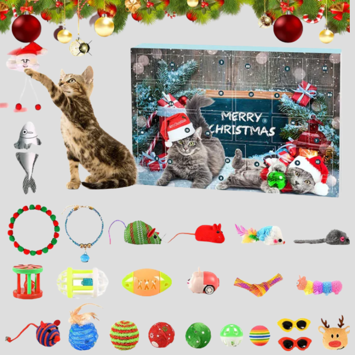 Cat Toy Advent Calendar with 24 interactive feline toys for Christmas countdown. Perfect holiday gift for pets.