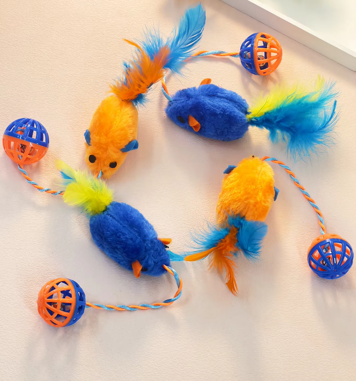 Kitten toy set featuring soft plush mice and whimsical feather balls for pets