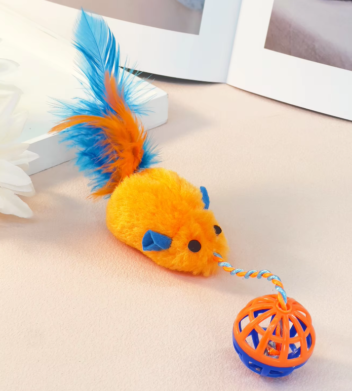 Interactive catnip-filled plush mice and colorful feather cat balls for enrichment