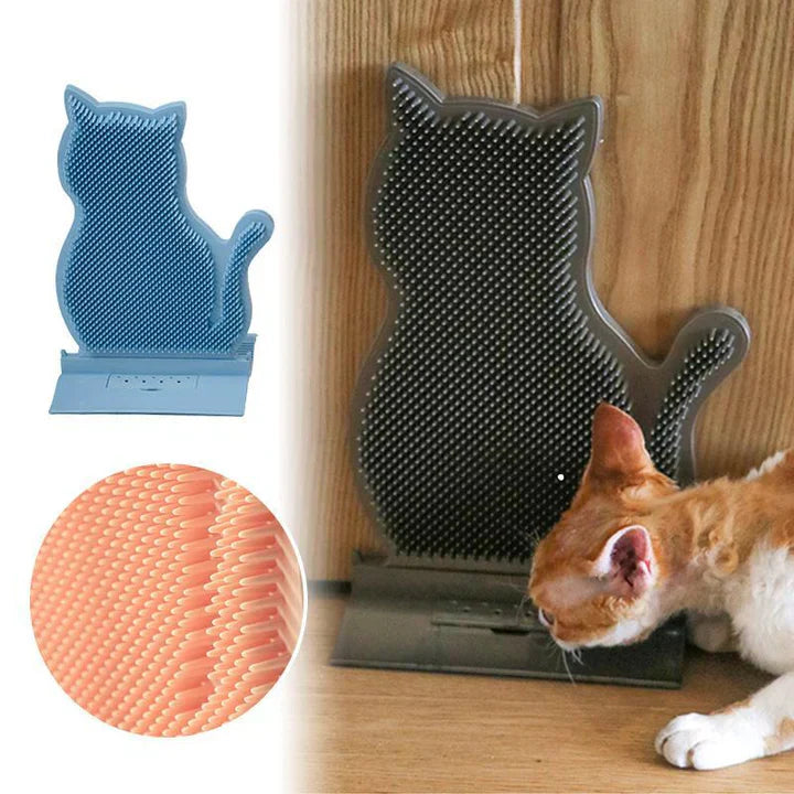 Cat using a self-grooming and massage scratch board with an arch, for feline care and playtime