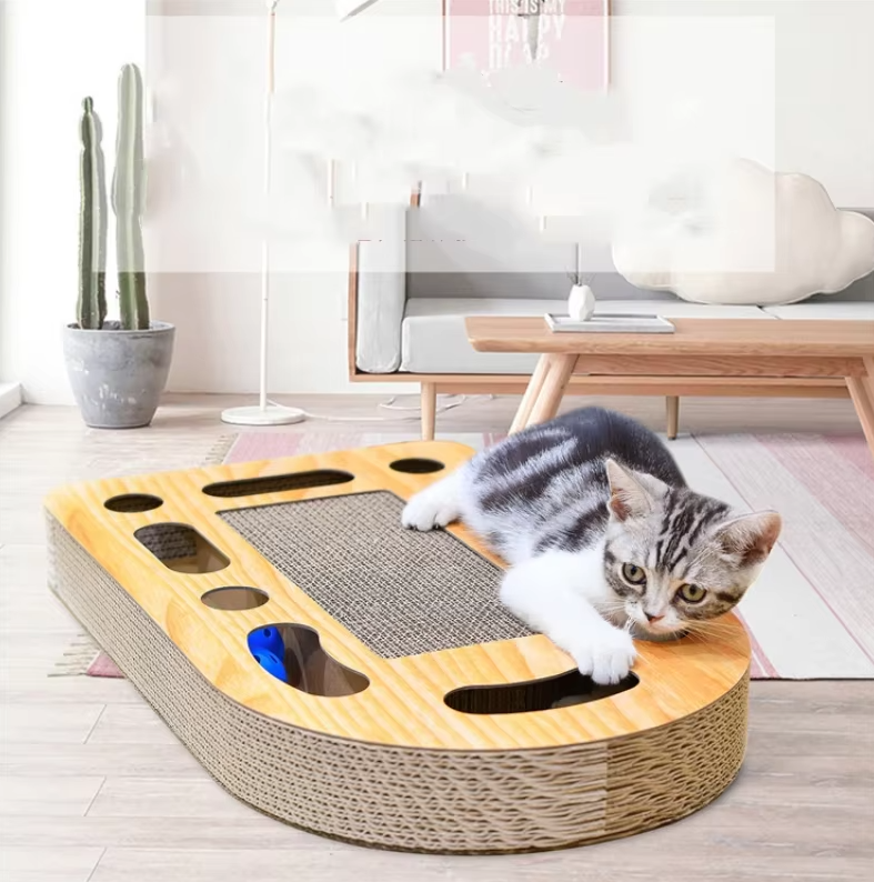 Cat using corrugated cardboard scratching board, integrated toy, for furniture protection