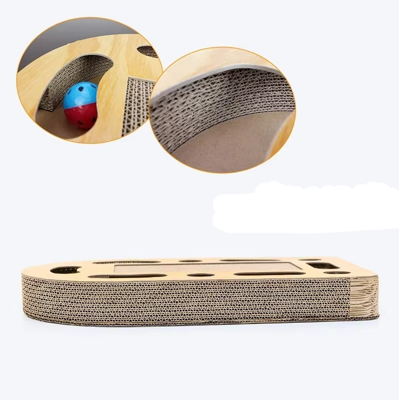 Angled view of a cat's corrugated cardboard scratching board, built-in feather toy