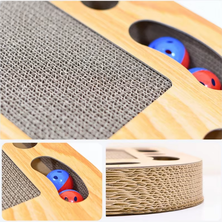 Brown corrugated cardboard cat scratching board with a colorful toy, pet accessory