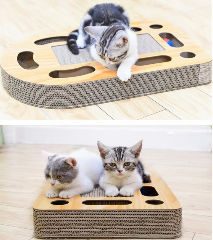 Stylish corrugated cardboard cat scratcher with engaging toy, protecting home furniture