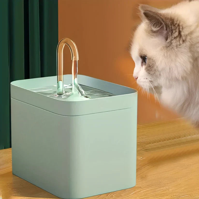 Automatic cat water dispenser with LED indicator, 2-liter reservoir, ensuring fresh filtered water for pets.