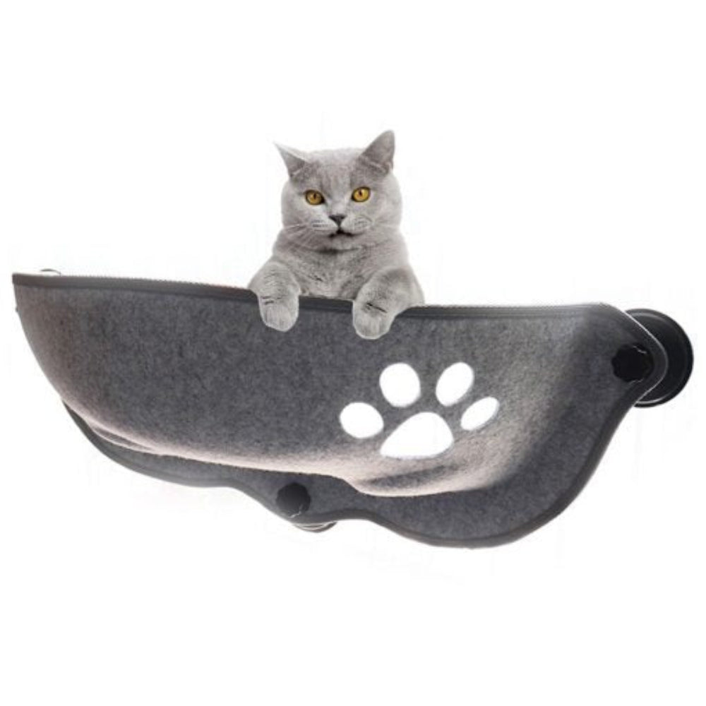 Cat window hammock with strong suction cups, a cozy elevated pet bed for sunbathing cats.
