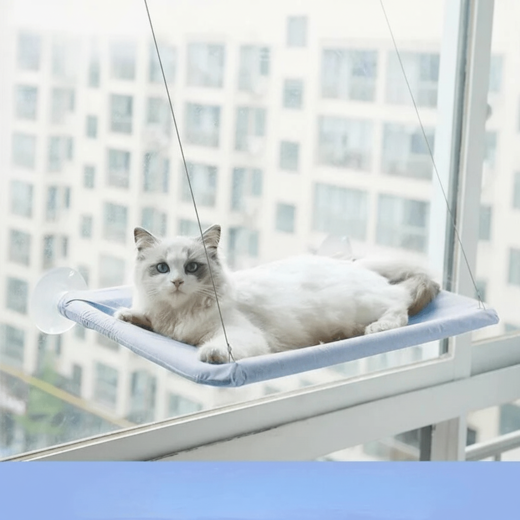 Cat window hammock with strong suction cups for elevated pet lounging, grey oxford fabric