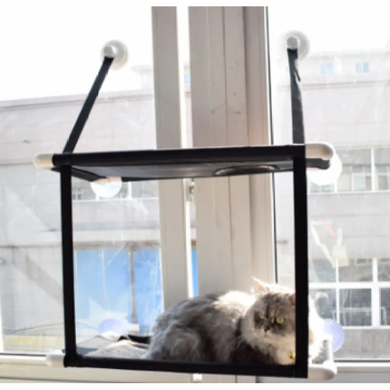 Comfortable cat window perch, ideal for curious felines, with robust suction cup attachment and soft fabric.