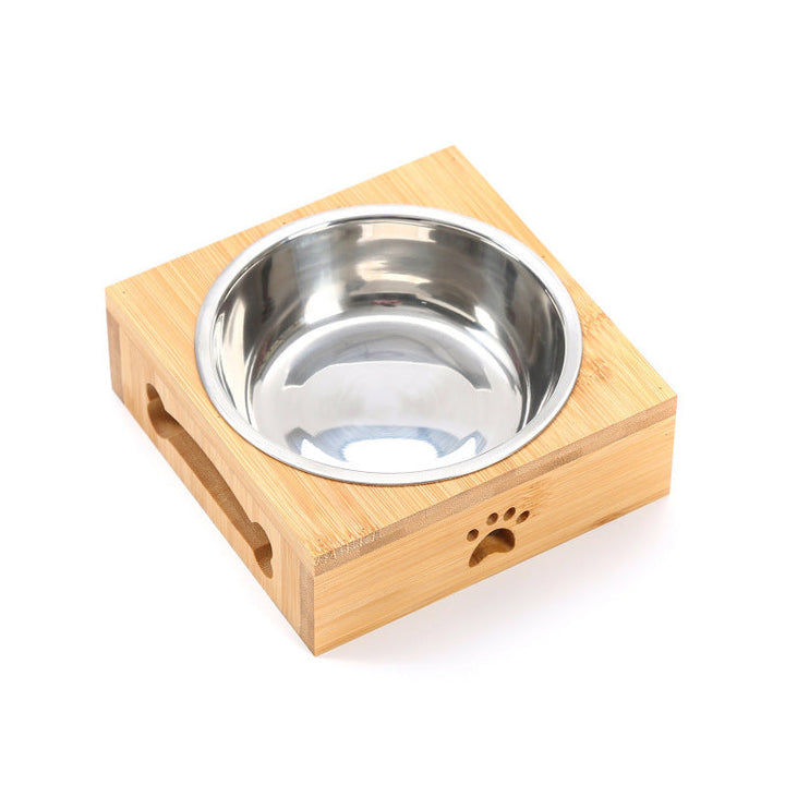 Ceramic cat bowl with elegant wood design base, ideal for pet food or drinking water