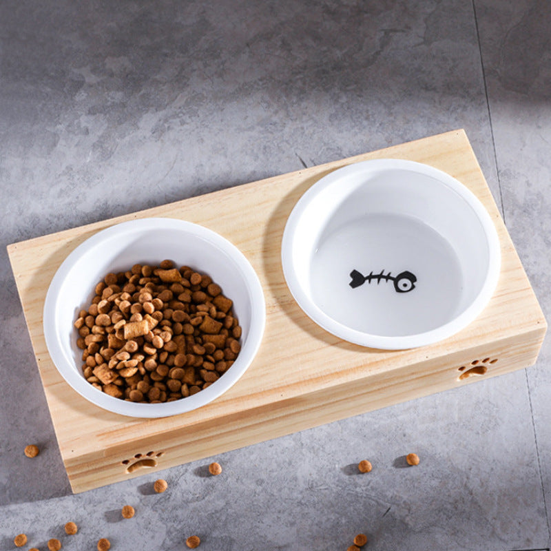 Durable ceramic cat bowl featuring a charming wood design, essential pet feeding accessory