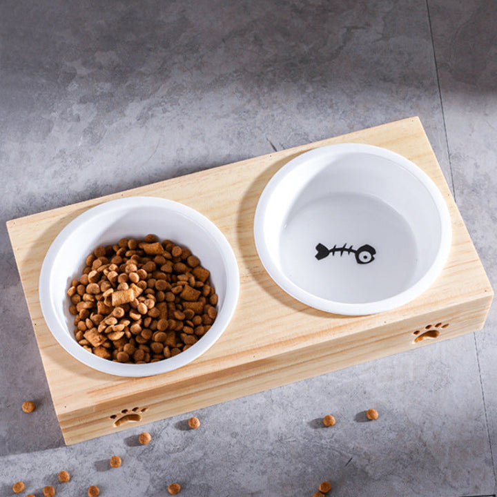 Durable ceramic cat bowl featuring a charming wood design, essential pet feeding accessory