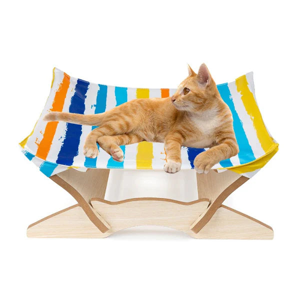 Cozy cat lounger with a colorful striped design, providing pet comfort.