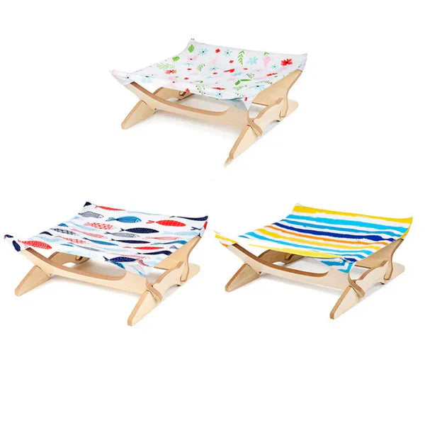 Comfortable wooden cat lounger, colorful striped cover adding a pop of design.