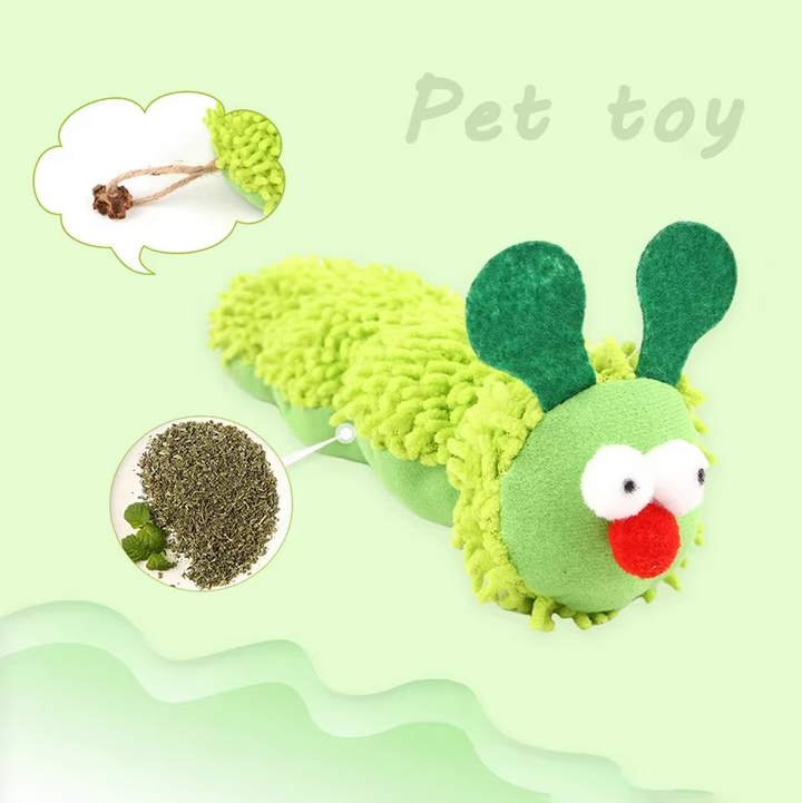 Catnip-infused plush caterpillar cat toy, bright green and orange, for feline enrichment and play