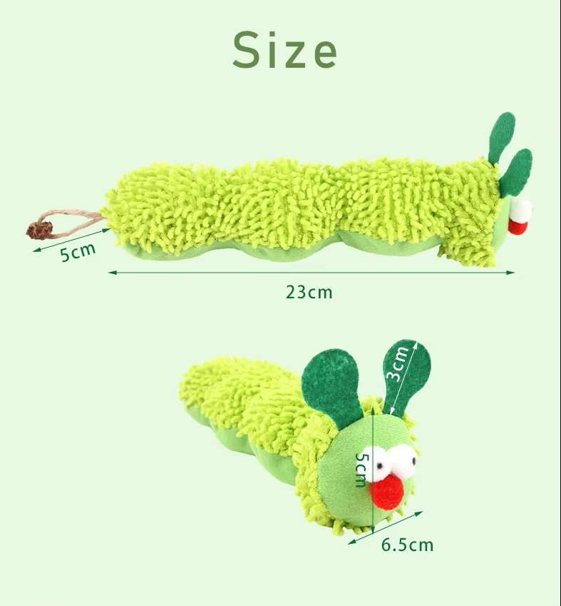 Close-up of a smiling plush caterpillar cat toy with catnip, soft texture for interactive play