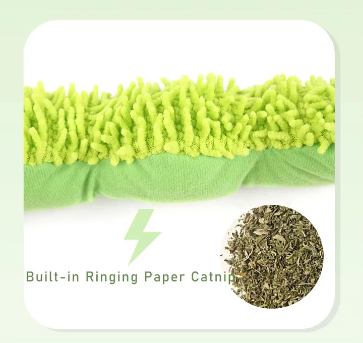 Interactive catnip caterpillar toy for felines, vibrant colors and soft material, promoting exercise
