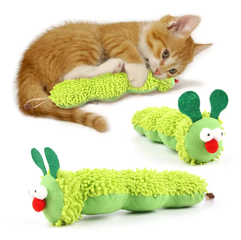 Catnip-filled plush toy shaped like a caterpillar, encouraging instinctual hunting behaviors in cats