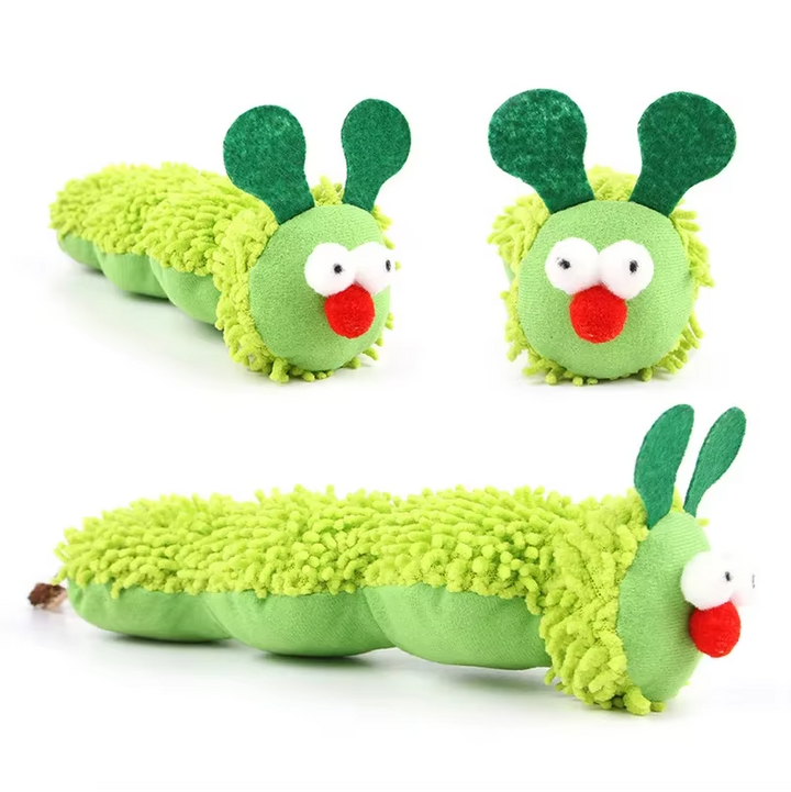 Detail of the plush fabric and embroidered eyes on a catnip caterpillar toy, for feline attraction
