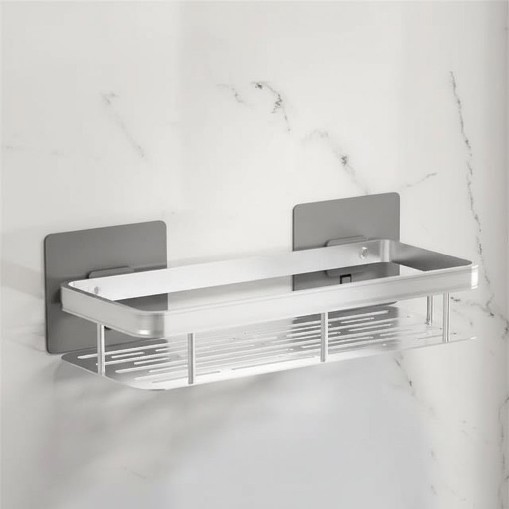 Rectangular adhesive bathroom shelf, drill-free wall mounted storage solution for shower or vanity.