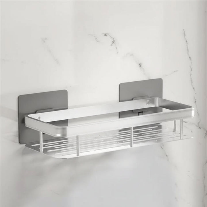 Rectangular adhesive bathroom shelf, drill-free wall mounted storage solution for shower or vanity.