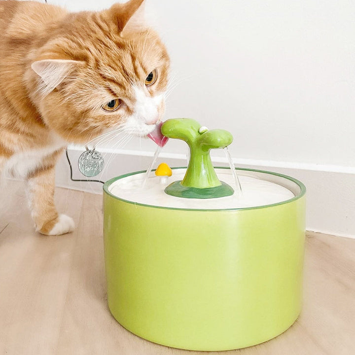 Eco-friendly pet water fountain made of ceramic, featuring a double filtration system for purified water.
