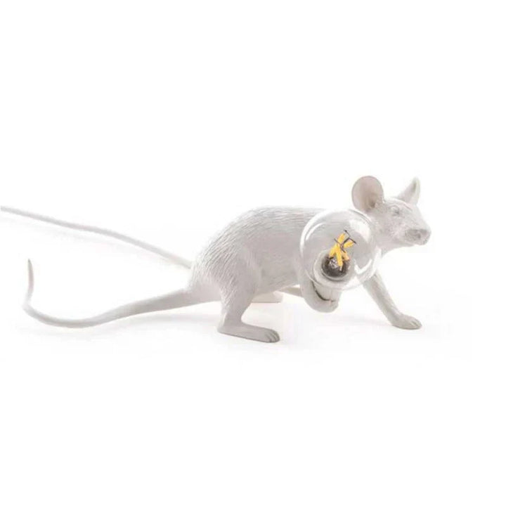 Gold mouse desk lamp with white lampshade, whimsical home decor and accent lighting.
