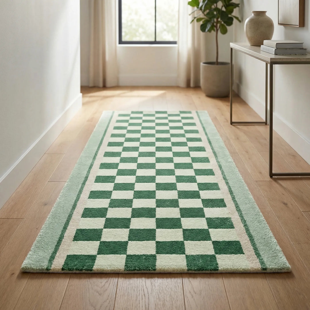 Checkerboard runner rug for hallways, featuring a black and white wavy design. Non-slip & soft for high-traffic areas.