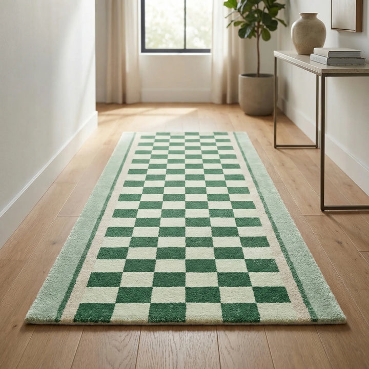 Checkerboard runner rug for hallways, featuring a black and white wavy design. Non-slip & soft for high-traffic areas.