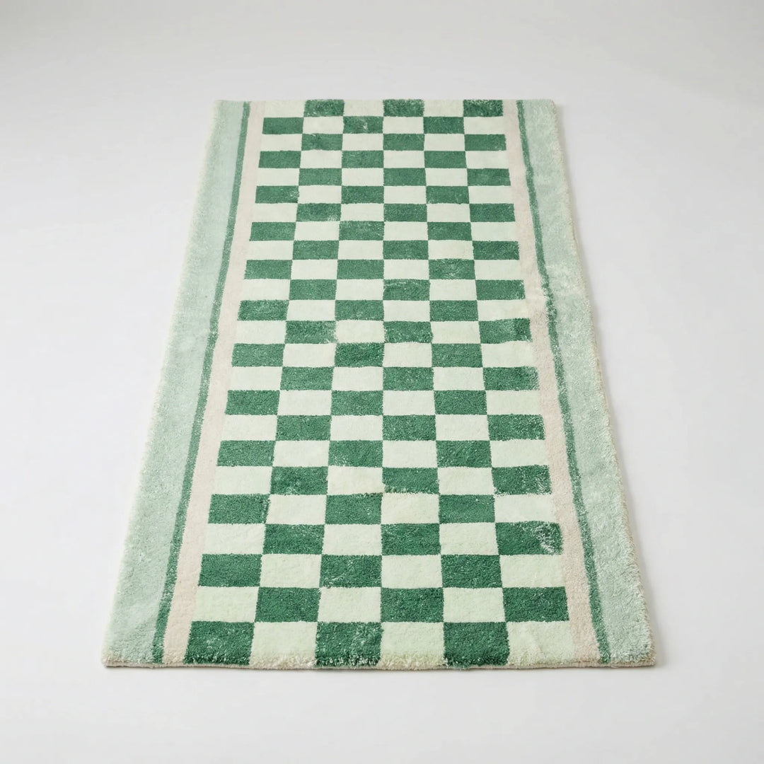 Vintage-style checkerboard runner rug with Flowique wavy pattern. Ideal non-slip rug for kitchen & hallway decor.
