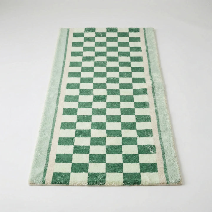Vintage-style checkerboard runner rug with Flowique wavy pattern. Ideal non-slip rug for kitchen & hallway decor.