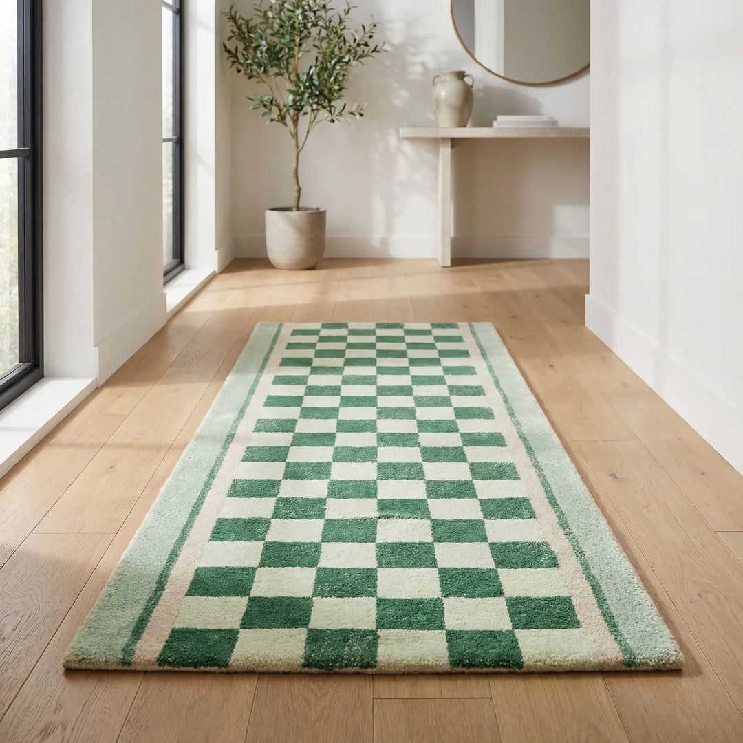 Black and white checkerboard runner rug with wavy design. Stylish, non-slip area rug for hallways, kitchens, & home decor.
