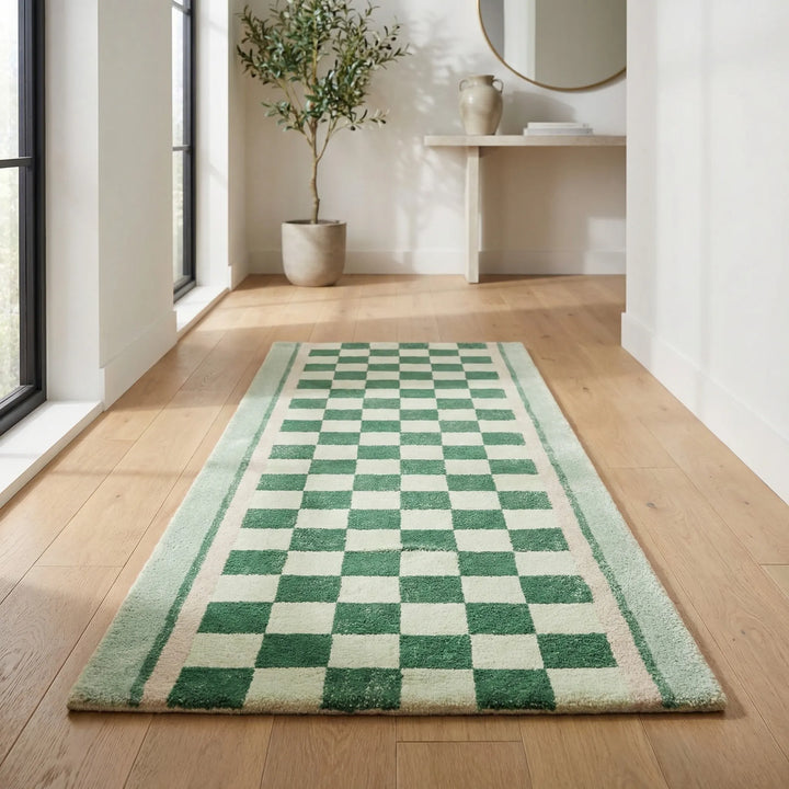 Black and white checkerboard runner rug with wavy design. Stylish, non-slip area rug for hallways, kitchens, & home decor.
